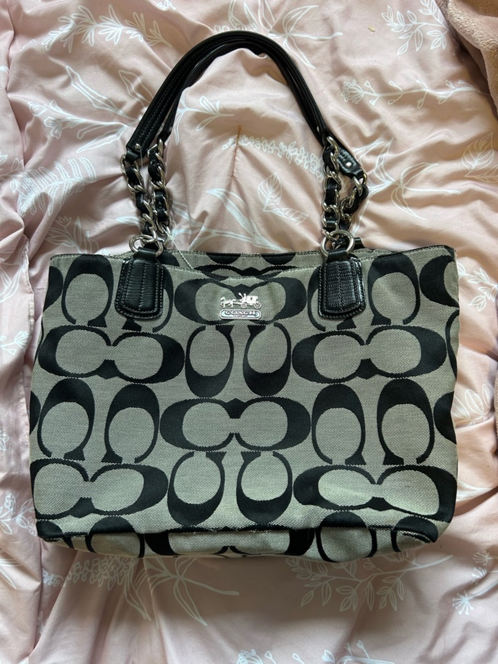 Coach Black and Gray Signature Tote with Chain-Trim Handles